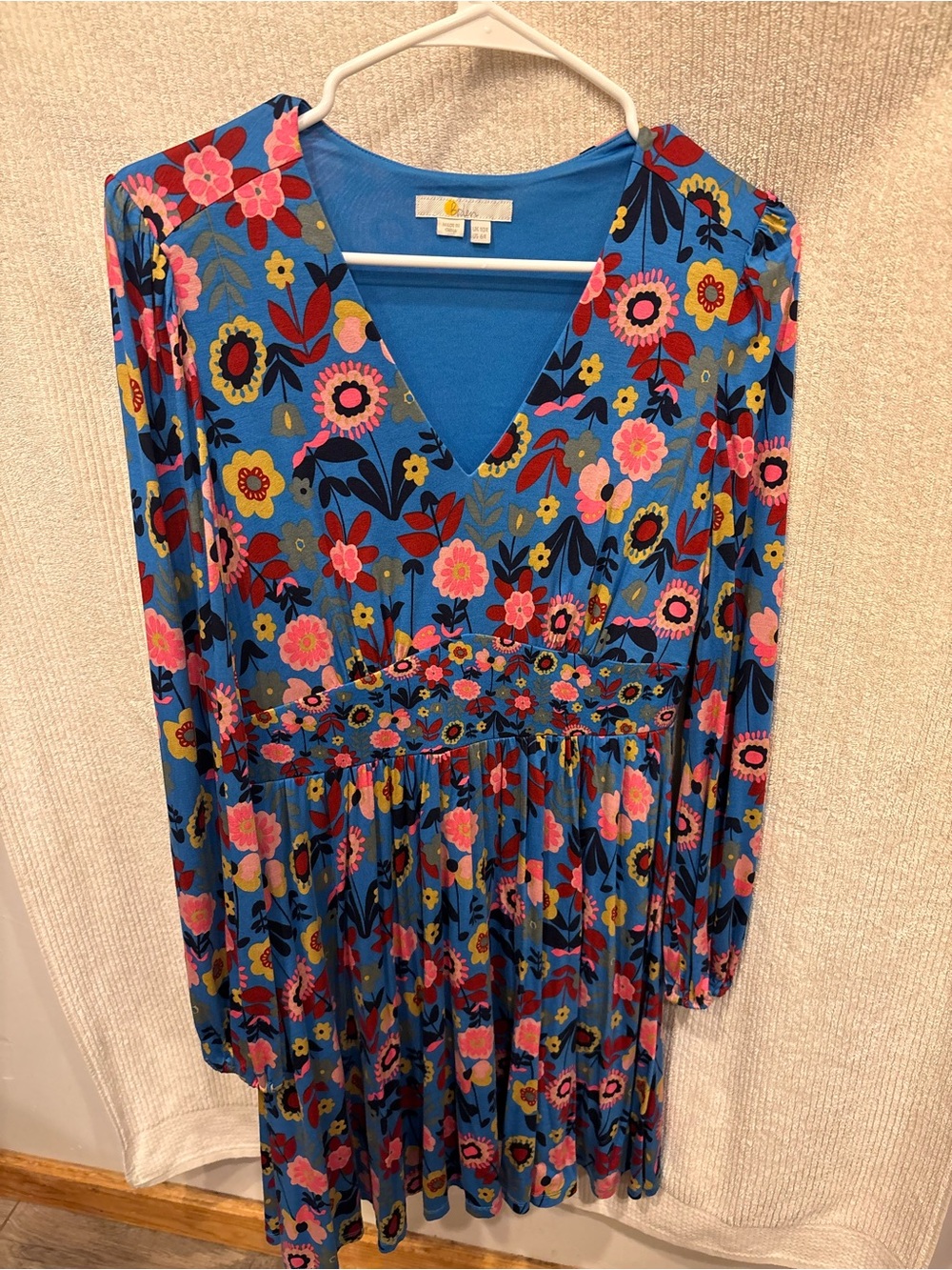 Boden Blue Floral V-Neck Long Sleeve Dress